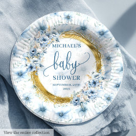 Sweet pastel blue flower gold boho boy baby plates ペーパープレート