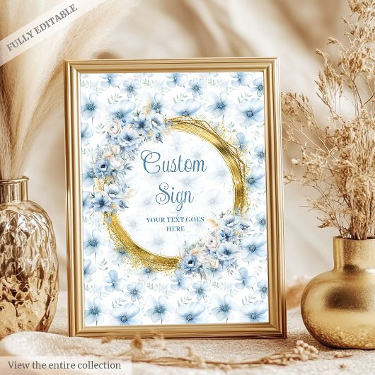 Sweet pastel blue flowers gold boho custom sign ポスター