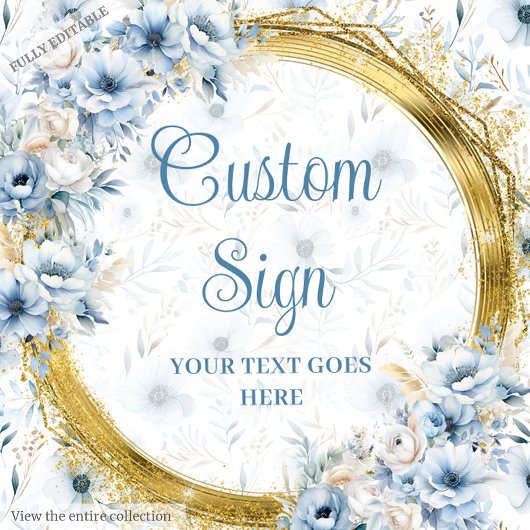 Sweet pastel blue flowers gold boho custom sign ポスター