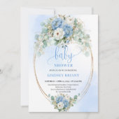Sweet Pastel Blue Peonies Baby Shower Gold Invite 招待状 (正面)