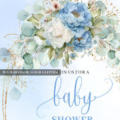 Sweet Pastel Blue Peonies Baby Shower Gold Invite 招待状