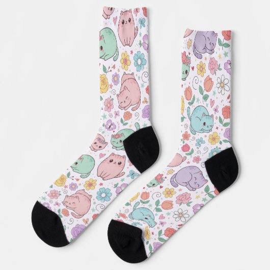Sweet Pastel Kawaii Cat and Spring Floral Pattern ソックス (左)