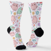 Sweet Pastel Kawaii Cat and Spring Floral Pattern  ソックス (傾斜あり)