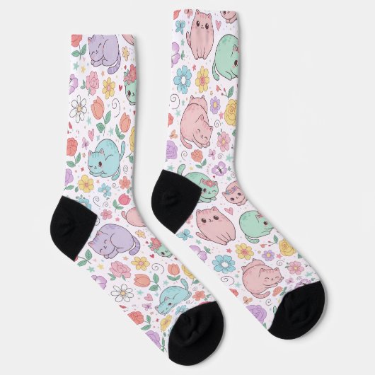 Sweet Pastel Kawaii Cat and Spring Floral Pattern  ソックス (右)
