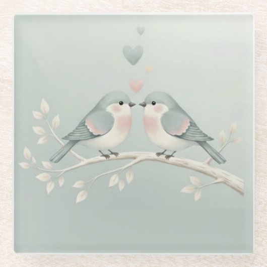 Sweet Pastel Love Birds: Whimsical Valentine’s Day ガラスコースター (正面)