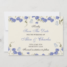 Sweet Pea Floral Blue and Cream Save the Date 招待状
