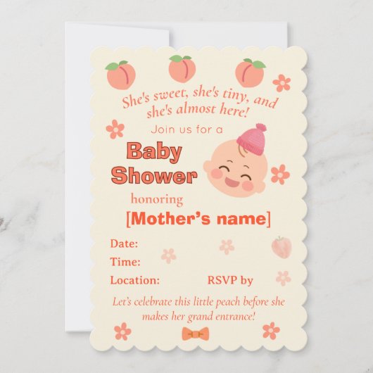 Sweet Peach Baby Shower Invite for Baby Girl 招待状 (正面)