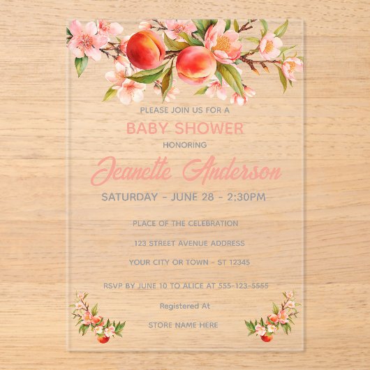 Sweet Peach Orchard Baby Shower アクリル招待状 (正面)