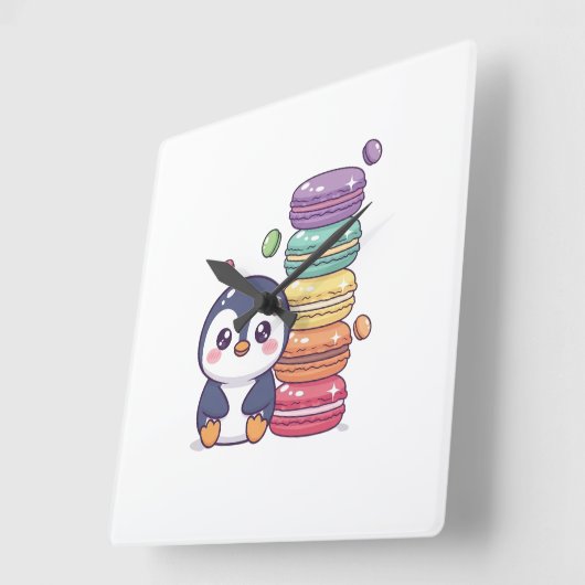 Sweet Penguin Macaron Stack スクエア壁時計 (傾斜)