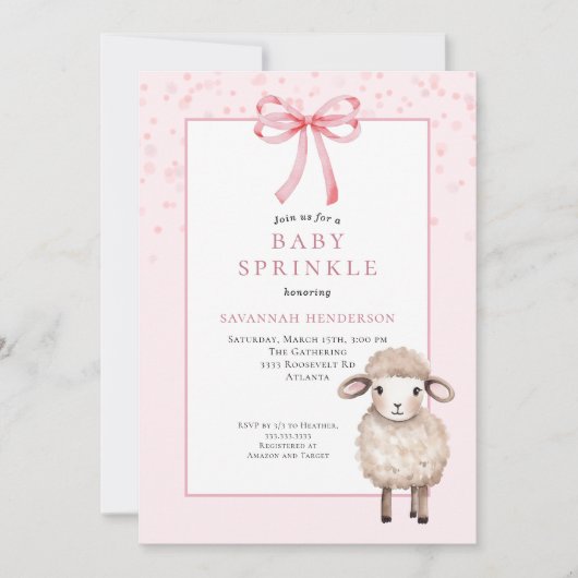 Sweet Pink Baby Sprinkle with Bow & Cute Lamb 招待状 (正面)