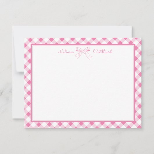 Sweet Pink Bow and Gingham Note Card ノートカード (正面)
