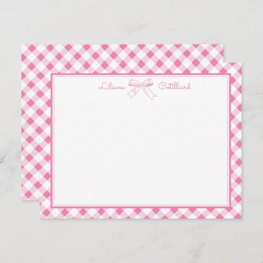 Sweet Pink Bow and Gingham Note Card ノートカード (正面/裏面)