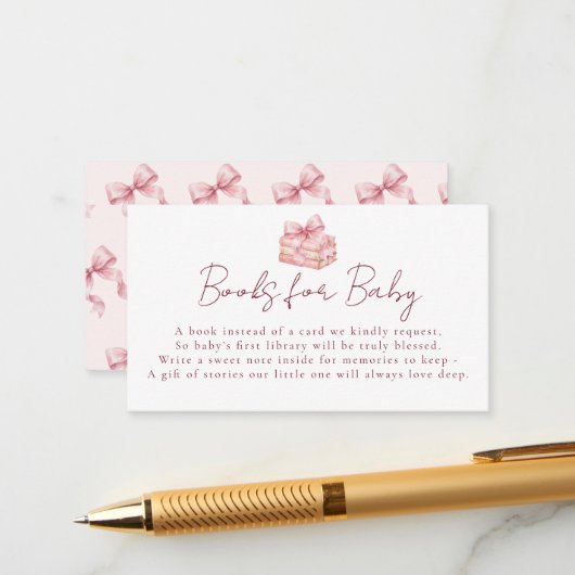 Sweet Pink Bow Baby Shower Books For Baby エンクロージャーカード (正面/裏面インサイチュ)