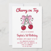 Sweet Pink Bow Cherry on Top 1st Birthday 招待状 (正面)