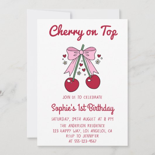 Sweet Pink Bow Cherry on Top 1st Birthday 招待状 (正面)