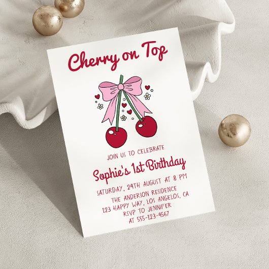 Sweet Pink Bow Cherry on Top 1st Birthday 招待状