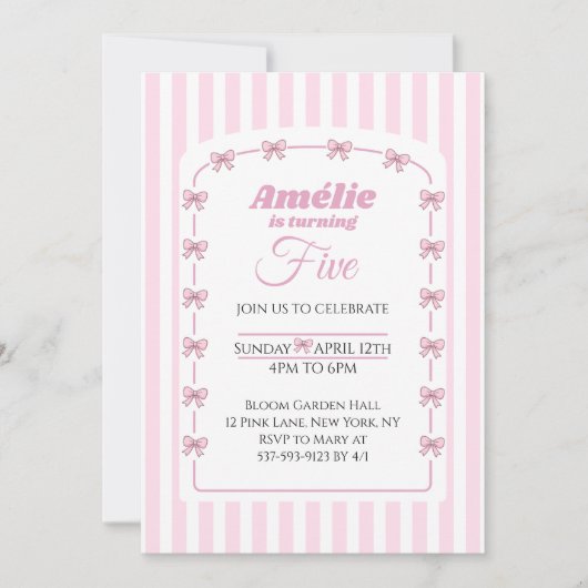 Sweet Pink Bow Coquette Fifth Birthday Party 招待状 (正面)