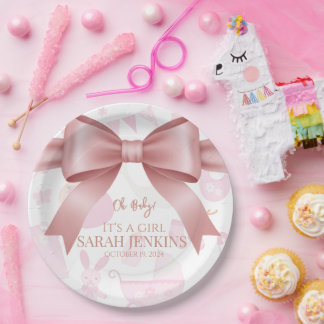 Sweet Pink Bow & Llama Girl Baby Shower ペーパープレート