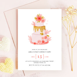 Sweet Pink Floral Cake Baby Girl Birthday 招待状