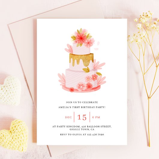 Sweet Pink Floral Cake Baby Girl Birthday 招待状