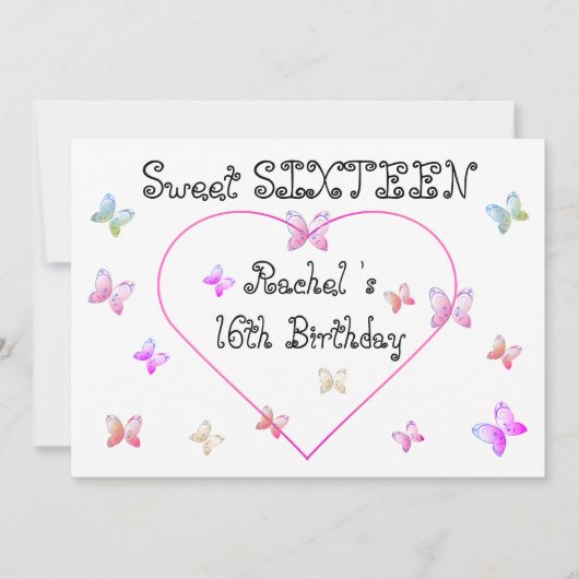 sweet Pink Heart Butterflies Sweet 16 Birthday  招待状 (正面)