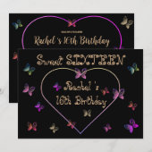 sweet Pink Heart Butterflies Sweet 16 Birthday  招待状 (正面/裏面)
