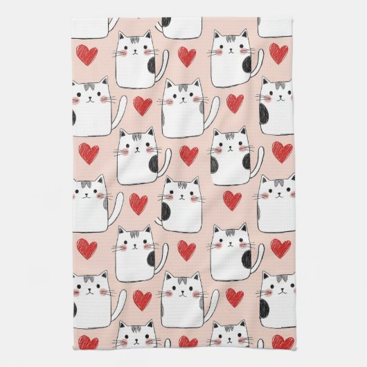 Sweet Pink Kawaii Cats & Hearts Pattern (5) キッチンタオル (縦)