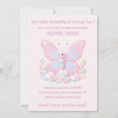 Sweet Pink Marshmallow Butterfly 1st Birthday  招待状 (正面)