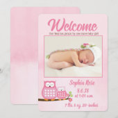 Sweet Pink Owls Baby Girl Photo Birth Announcement 案内状 (正面/裏面)