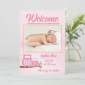 Sweet Pink Owls Baby Girl Photo Birth Announcement 案内状 (スタンド正面)