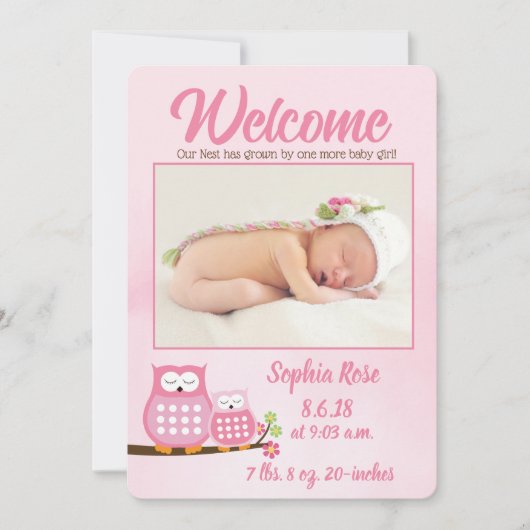 Sweet Pink Owls Baby Girl Photo Birth Announcement 案内状 (正面)