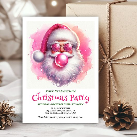 Sweet pink santa chewing gum watercolor Christmas 招待状