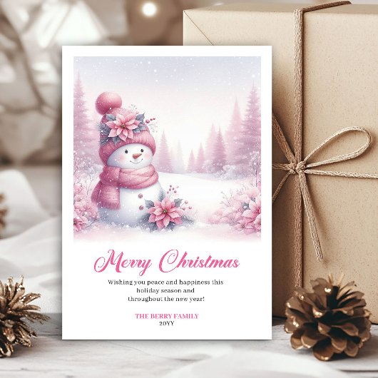 Sweet Pink Snowman 印刷可能なお祭りシーン グリーティング シーズンカード