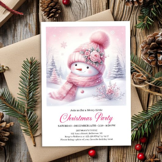 Sweet Pink Snowman Editable Christmas Invite Snowy 招待状