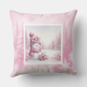 Sweet Pink Snowman Pillow Cute Christmas Scene クッション (裏面)
