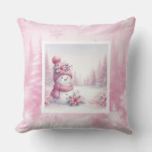 Sweet Pink Snowman Pillow Cute Christmas Scene クッション (正面)