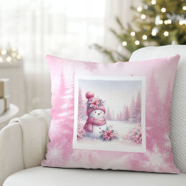 Sweet Pink Snowman Pillow Cute Christmas Scene クッション