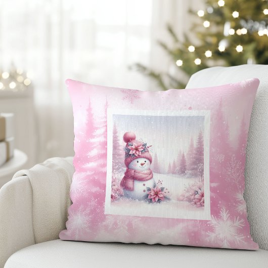 Sweet Pink Snowman Pillow Cute Christmas Scene クッション