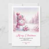Sweet Pink Snowman Printable Festive Scene Greetin シーズンカード (正面)
