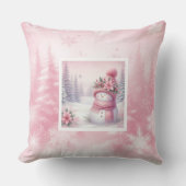 Sweet Pink Snowman Winter Scene Pillow Kids Gift クッション (正面)