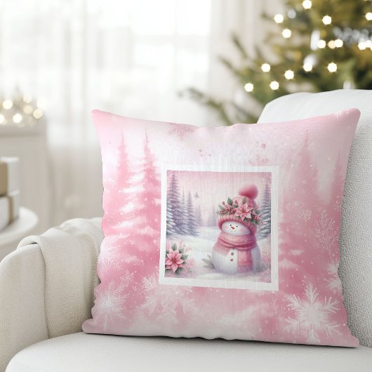 Sweet Pink Snowman Winter Scene Pillow Kids Gift クッション