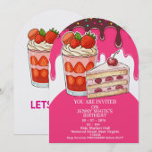 Sweet Pink Strawberry  Cake Themed kids 招待状 (正面/裏面)