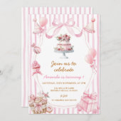 Sweet Pink Stripe Bow Girl Birthday Invitation 招待状 (正面/裏面)