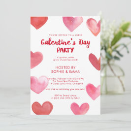 Sweet Pink Watercolor Hearts Galentine’s Day Party 招待状