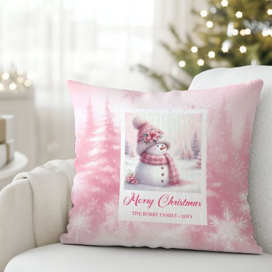 Sweet Pinkmas Snowman Winter Forest Pillow Decor クッション
