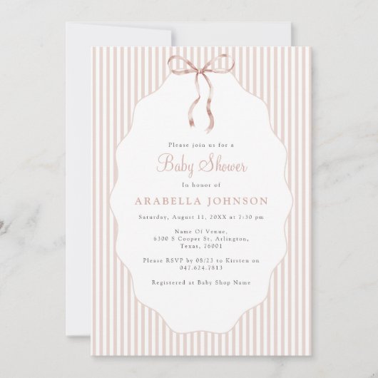 Sweet Pinstriped Beige Bow Baby Shower 招待状 (正面)