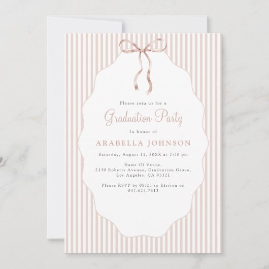 Sweet Pinstriped Beige Bow Graduation 招待状 (正面)