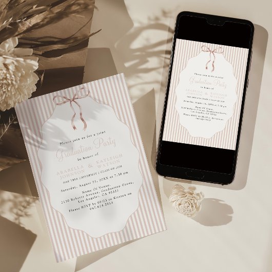 Sweet Pinstriped Beige Bow Joint Graduation 招待状