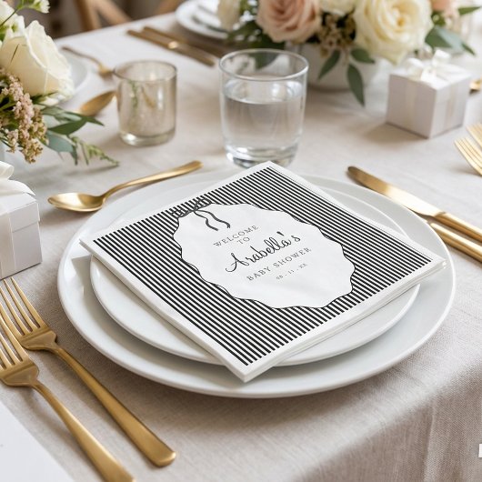 Sweet Pinstriped Black Bow Baby Shower スタンダードカクテルナプキン