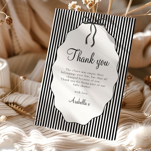 Sweet Pinstriped Black Bow Baby Shower Thank you サンキューカード
